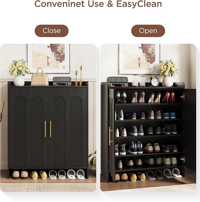 Maupvit 38.39" Tall Modern Shoe Cabinet, Entryway Storage Cabinet with Arched Doors & Gold Handles, Wood Shoe Organizer with Shelves, Freestanding Shoe Rack for Hallway, Living Room, Black