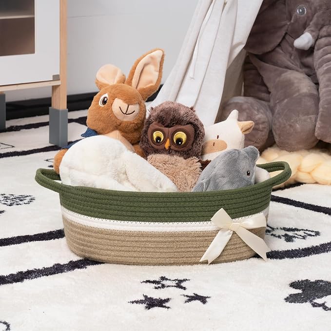 CHICVITA Small Gift Basket, Decorative Storage Basket, Green & Brown | 13" x 10" x 5", Cotton Rope, Christmas, Toys, Towels & Diapers Organization, Nursery & Home Decor, Built-In Handles