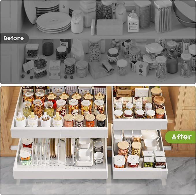 Seinloes 6 Pack Pull Out Cabinet Organizers 21" Deep With Raising Pad for Framed Cabinets, Expandable Slide Out Drawers with 4pcs Divider Racks, Roll Out Shelves, Adjustable Width 12"-20.45" White