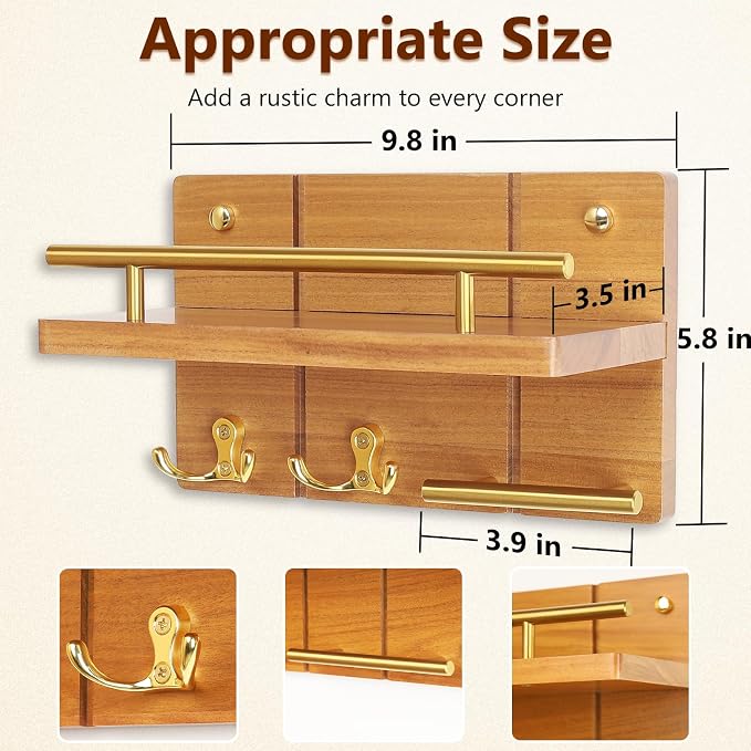 9.8” Solid Teak Wood Key Holder Wall Mount with Shelf and Hooks | Crafted from natural solid teak wood with unique grain patterns, bringing warmth and elegance to your entryway