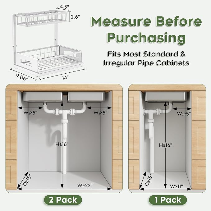 Under Sink Organizer, 2 Pack Cabinet Organizer for Kitchen, Height Adjustable Pull Out Heavy Duty 2 Tier Metal Under Sink Storage for Bathroom Pantry (White, 2 Pack)