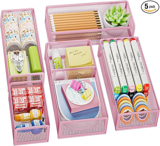 Marbrasse 5 Pack Desk Drawer Organizer Set, Mesh Drawer Storage Trays with 1 Adjustable Divider, Desk Organizers and Accessories, 5 PCS Drawer for Office Supplies, Makeup & Vanity (Pink)