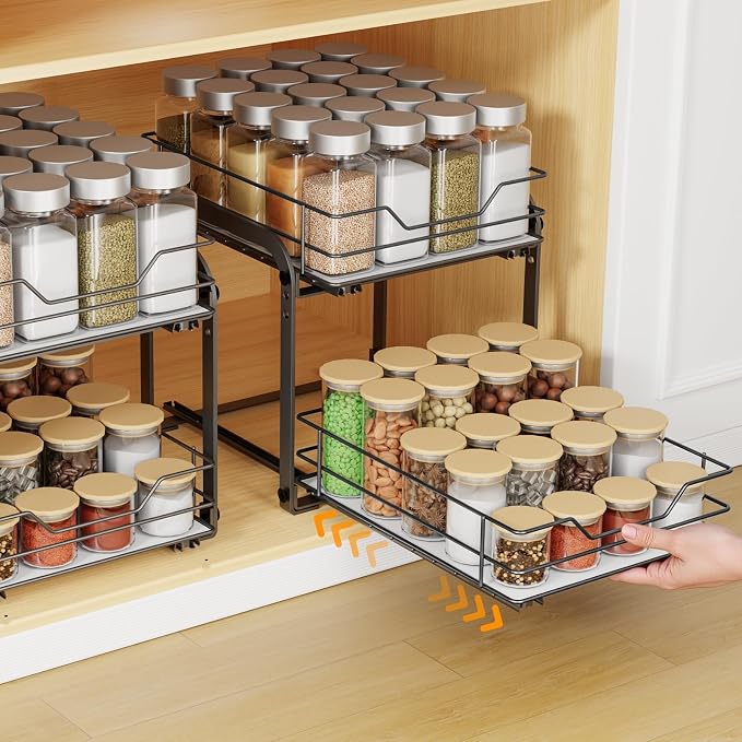 Pull Out Spice Organization for Cabinets, 2 Tier Pull Out Spice Rack, Slide Out Spice Rack Organizer for Cabinet, Spice Rack for Inside Cabinets, with Labels, 9" W×10.5" D×9" H, Black