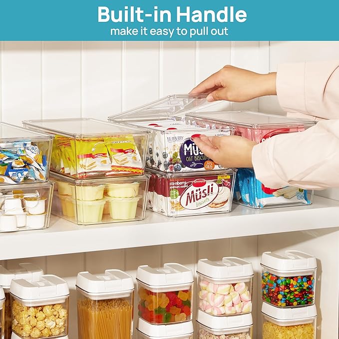 Vtopmart 4pcs Clear Stackable Storage Bins with Lids | BPA-free food-grade PET, Stackable with Lids Included, Easy to Move, For Fridge Freezer Pantry Cabinet Kitchen Organization