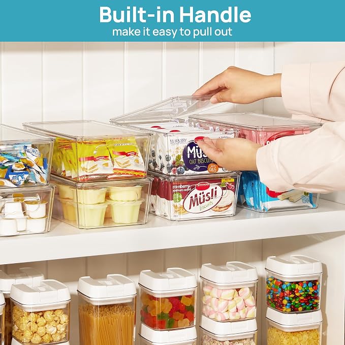 Vtopmart 10pcs Clear Stackable Storage Bins with Lids | BPA-free food-grade PET, Stackable with Lids Included, Easy to Move, For Fridge Freezer Pantry Cabinet Kitchen Organization