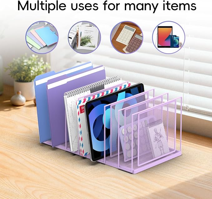 File Organizer for Desk, 7-Section Vertical File Sorter, Paper Holder Organizer Standing Metal File Folder for Office Home Classroom, Purple