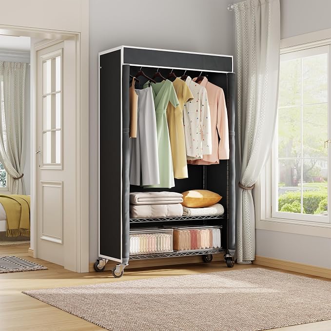 Higeego H4 Clothing Rack with Cover, Rolling Heavy Duty Clothes Rack, Black | Garment Rack on Wheels, Portable Closet for Hanging Clothes, Black Clost Rack with Black Fabric Cover, Max Load 380LBS