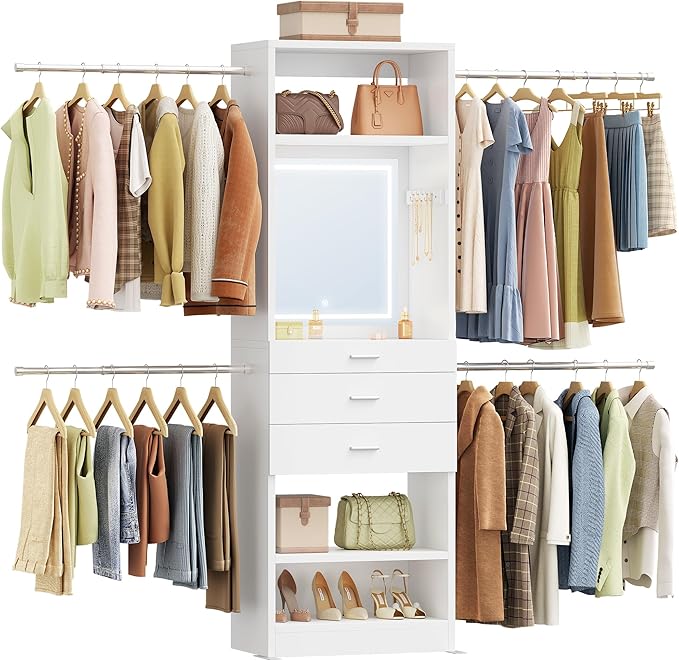 Hzuaneri Closet System Closet Organizer and Storage with 3-Color LED Mirror | 4-9.8FT Walk-in Closet System Wooden Storage Systems with 3 Drawers, LED Mirror, 4 Hang Rods & 2 SHELF, White BW00103EUS