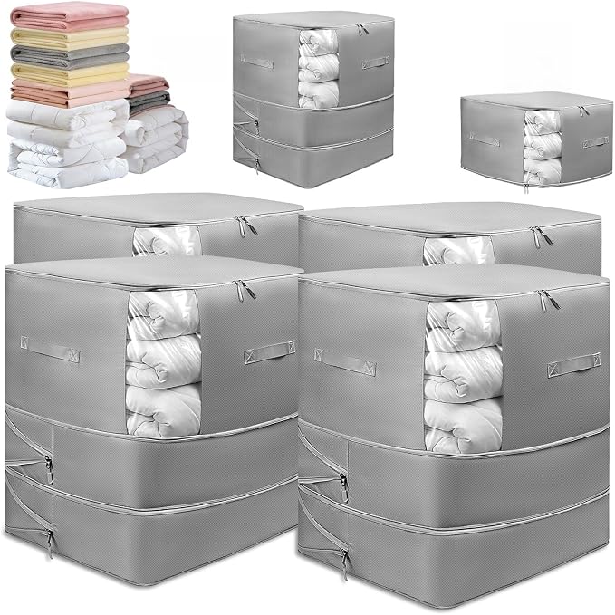 4 Pack Upgrade Comforter Storage Bag with Handle, Space Saving 3-Layer Adjustable In 3 Sizes (142L, 107L, 71L), Compression Blanket Storage Bags, Washable Bedding Organizer For Pillow Duvet Clothing