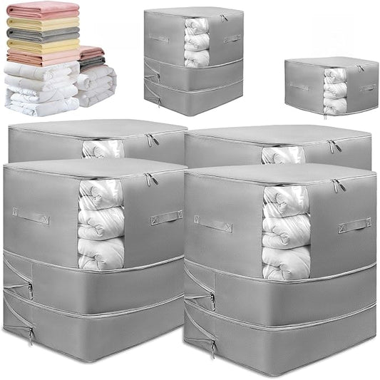 4 Pack Upgrade Comforter Storage Bag with Handle, Space Saving 3-Layer Adjustable In 3 Sizes (142L, 107L, 71L), Compression Blanket Storage Bags, Washable Bedding Organizer For Pillow Duvet Clothing