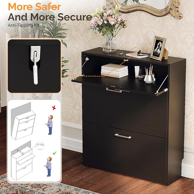 VINGLI Black Shoe Cabinet for Entryway, Modern Slim Shoe Rack Storage with 3 Flip Drawers, Narrow Free Standing Sneaker Organizer for Hallway, 9.5" Depth, Matte Black Finish