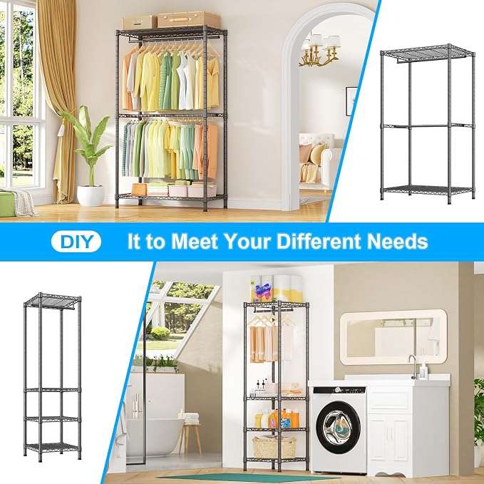 Ulif E10 Clothes Rack（With Stretchable Hanger Rod）Freestanding Clothing Racks for Hanging Clothes，Adjustable Closet Organizer System，Portable Garment Rack 73-97" W x 15" D x 72" H，Max Load 800LBS，Grey