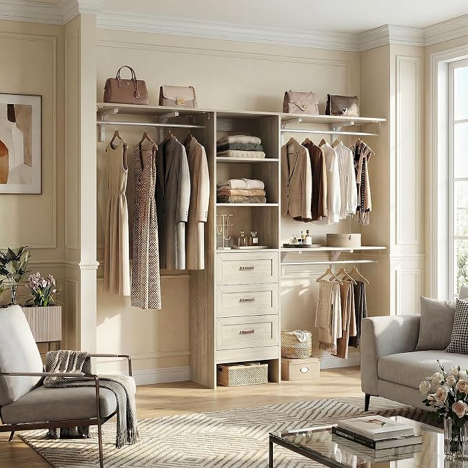 8FT Closet System with 3 Curved Drawers, 96'' Wooden Walk-in Closet Organizer with 3 Top Shelves, Adjustable Organizer System with 3 Hanging Rods, Built-in Wardrobe Storage Rack for 4-8 ft, White Oak