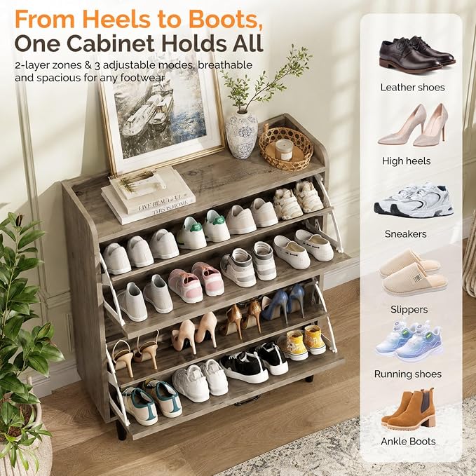 VINGLI Shoe Storage Cabinet for Entryway with 2 Flip Drawers, Ultra Slim Freestanding Entryway Shoe Organizer with Wood Tapered Legs,Hidden Closed Shoe Rack,31.6" W * 9.4" D * 39.4" H, Washed Gray