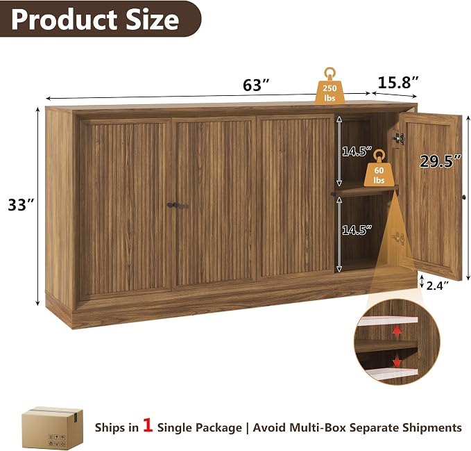 Hlivelood 63” Fluted Sideboard Buffet Cabinet with Storage, Mid Century Modern Wooden Credenza with 4 Doors & Adjustable Shelves, Beveled Edge Storage Cabinet for Kitchen, Living Room (Walnut)