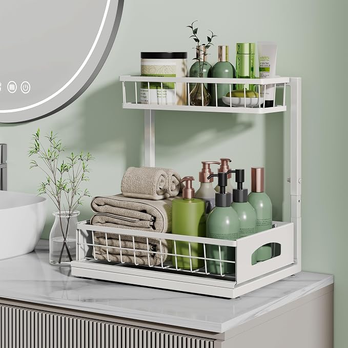 Under Sink Organizer, Cabinet Organizer for Kitchen, Height Adjustable Pull Out Heavy Duty 2 Tier Metal Under Sink Storage for Bathroom Pantry (White, 1 Pack)