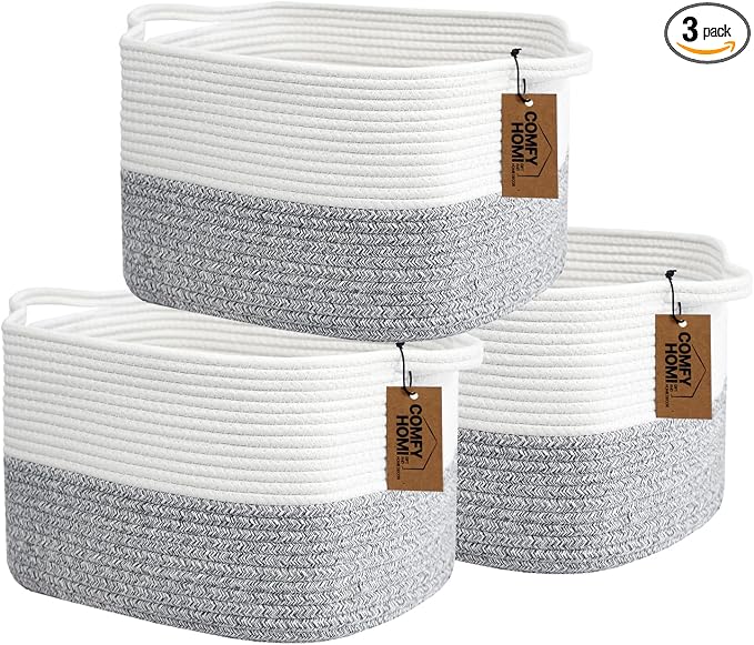 COMFY-HOMI 3Pack Small Woven Cotton Rope Basket for Organizing, Gift Baskets for Handles, Empty Gift Baskets, Medium Rope Basket|13.5" x 11" x 9.5" home decor for Living Room, Bathroom