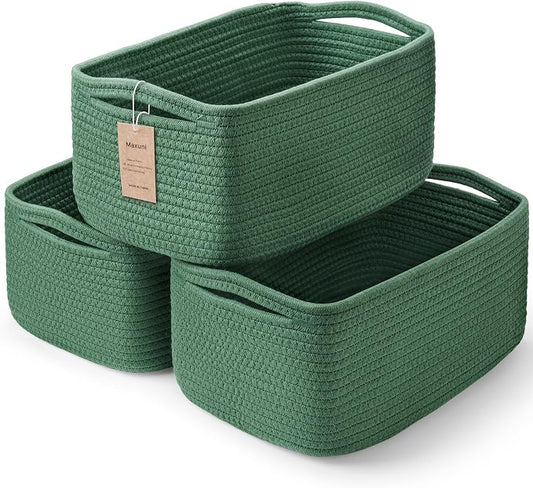 3-Pack Storage Baskets for Organizing | Woven Shelf Toy Basket | Rope Baskets for Gifts Empty | Closet Organizer Bins with Handles | Cube Decorative Box | 13.7×7.1×6.7” | Dark Green