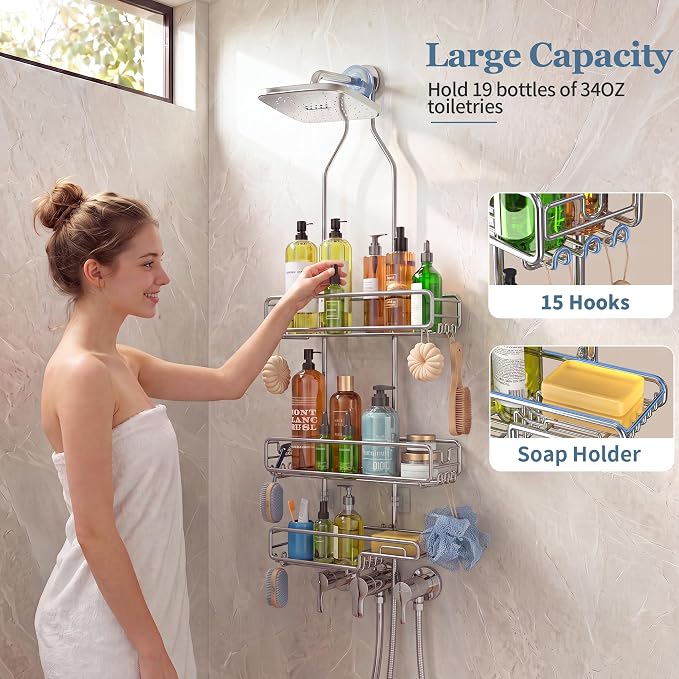 Skyapex Shower Caddy Hanging Bathroom Organizer: Over Head Adjustable Rack for Tall Showerhead - Extra Large Storage Shelf for Big Shampoo Bottles with Soap Holder
