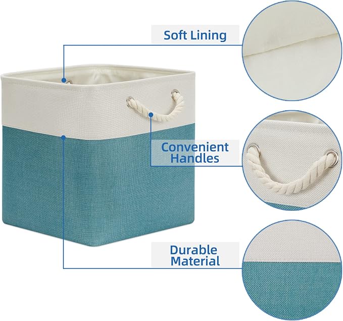 Temary Cubes Storage Baskets 12 Inch Cube Storage Bins for Shelf, Fabric Storage Cubes for Gift Empty Baskets for Home, Collapsable Box Basket for Storage (White&Teal)