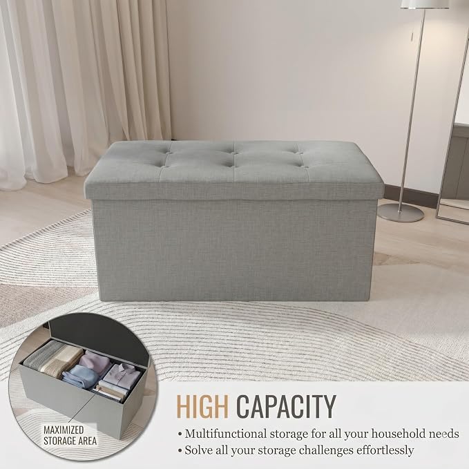 HOME DESIGN Florence 30" Upholstered Folding Storage Ottoman Bench, Tufted Top, Space-Saving Storage, Gray Linen Fabric