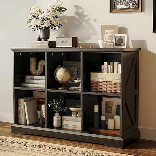 IRONCK 6 Cube Storage Organizer, Farmhouse Wood Bookshelf | Black finish, anti-tip design, cube shelf unit for bedroom, living room, home office, books or decor