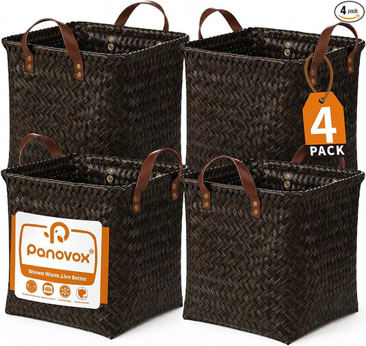 Wicker Storage Baskets, 4 Pack Woven Baskets for Shelves, Dark Gold | PP Rattan, Water-resistant Wicker Basket, Large Baskets with Faux Leather Handles for Blanket, Laundry Organizer, Room Decor