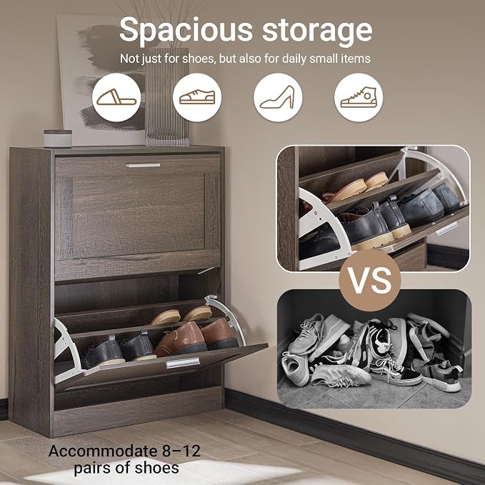 Haotian Shoe Cabinet Storage for Entryway | Narrow Shoe Cabinet with Two Flip Drawers to Save Space, Shoe Rack Cabinet for Front Door Entrance Hallway (Brown)