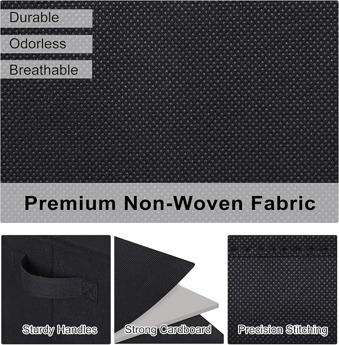 WUIKE 3 Pack Large Fabric Storage Bins with Lids, Decorative Storage Boxes with Handles, Storage Baskets for Shelves, Foldable Storage Containers, Closet Organizers for Towels, Clothes, Black
