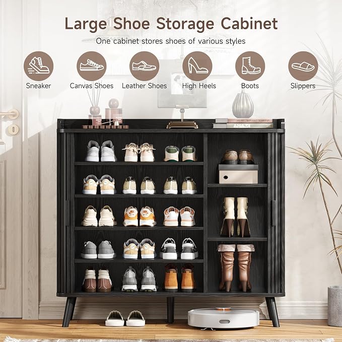 Shoe Cabinet with Sliding Door, 5-Tier Hidden Shoe Rack with Adjustable Shelves, Wooden Shoe Storage Organizer with Open Bottom Space, Freestanding Shoe Shelf for Entryway Hallway Apartment, (Black)