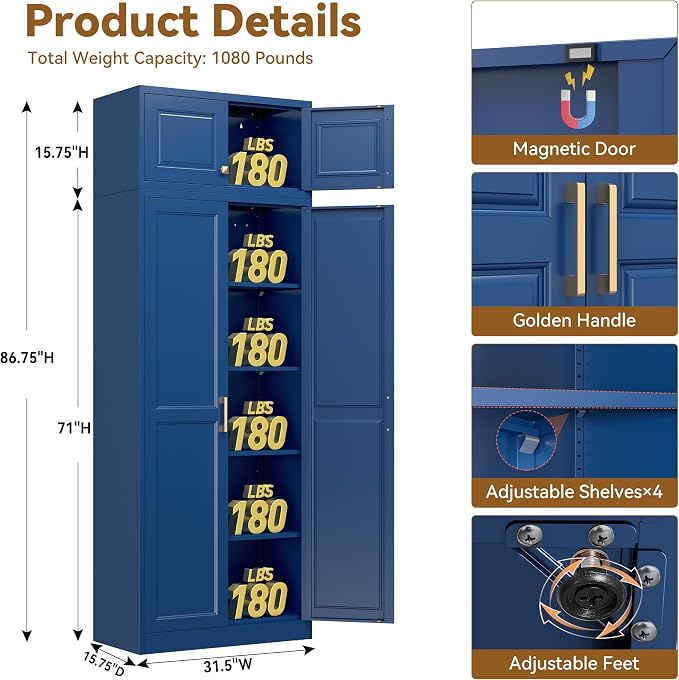 Polup 86" Tall Metal Kitchen Pantry Storage Cabinet with Doors and Shelves | Heavy-Duty Blue Cabinet, 4 Adjustable Shelving, Gold Handles, Magnetic Latch, for Dining Living Room, Bathroom & Garage