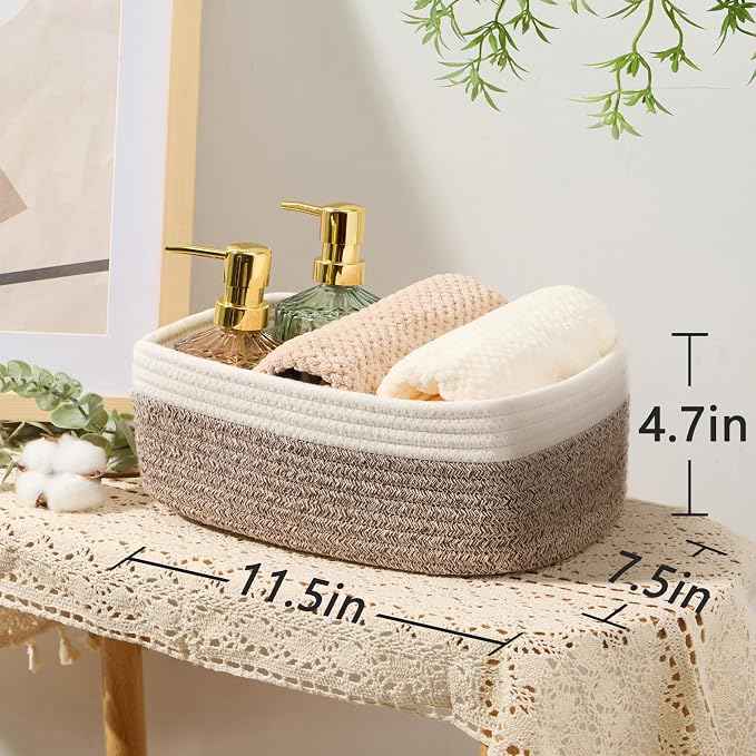 MiniArk Small Storage Baskets for Organizing | Closet Organizer Bins | Shelf Toy Basket | Woven Rope Baskets | Cube Decorative Box | Shallow Basket | 11.5x7.5x4.7” | 4 Packs White Brown