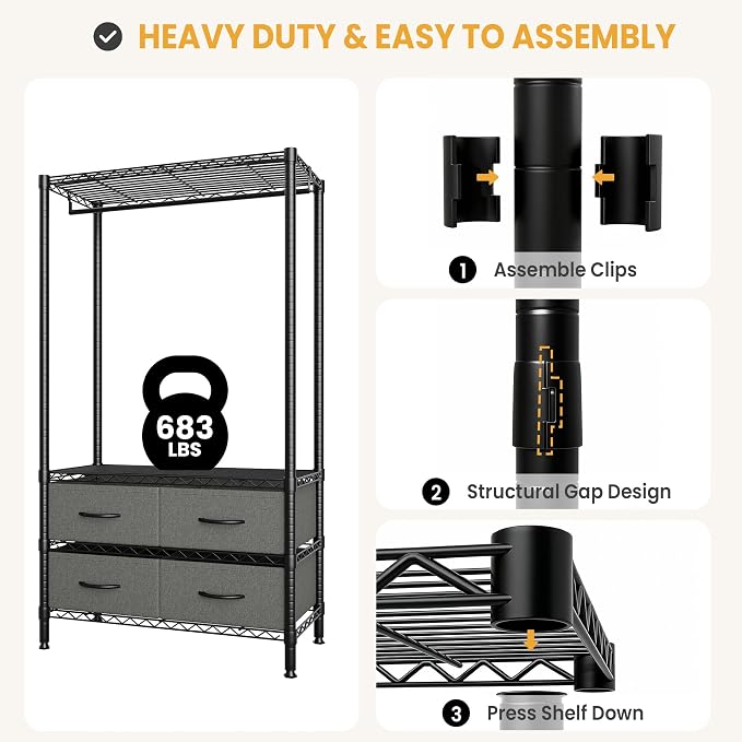 Portable Closet with Drawers Clothes Racks for Hanging Clothes | Freestanding closet organizer Sturdy structure Space saving Orgnizer Easy to assemble