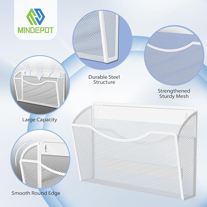MINDEPOT Magnetic Wall File Organizer, Hanging File Holder, 3 Pack, White | Heavy Duty Iron, Powerful Magnet, Metal Mesh Wall Mount, Single Pocket, for Office School Classroom Home, Letter A4 Size