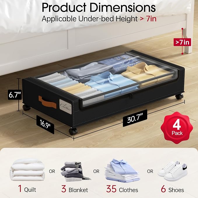 Yecaye 4 Pack Under Bed Storage with Wheels, Under Bed Storage Containers with Lids, Large Under Bed Rolling Storage with Clear Window & Label, Rolling Drawers for Clothes, Blankets, Books