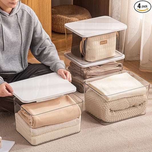 4-Piece Set,Plastic Storage Bin with Lid,Large Storage Containers,Stackable Lidded Storage Boxes for Cabinets, Clothes, Toys, Books (clear 4XL(with wihte lid))