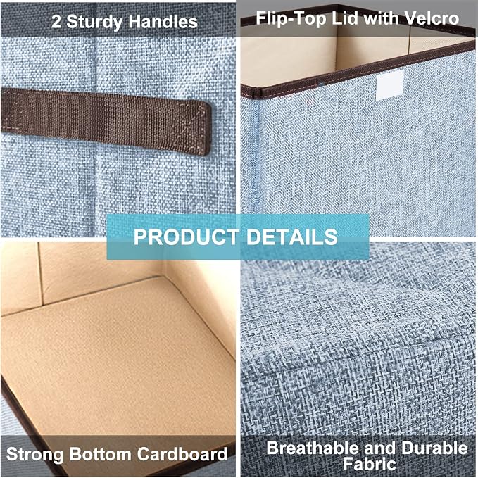 Bagnizer Foldable Storage Bins with Lids, Decorative Storage Baskets, Large Storage Boxes for Home, Office, Bedroom, Closet, Blue, Medium, 4 Pack 14.6 x 9.5 x 9.5”