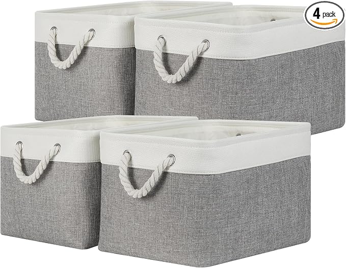 Temary Storage Baskets 4Pack Fabric Storage Bins Clothes Baskets with Rope Handle, Decorative Basket for Gift, Blankets (White&Gray,15x11x9.5 inch)