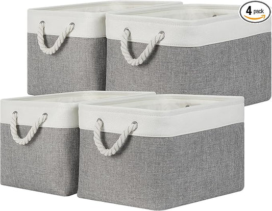 Temary Storage Baskets 4Pack Fabric Storage Bins Clothes Baskets with Rope Handle, Decorative Basket for Gift, Blankets (White&Gray,15x11x9.5 inch)