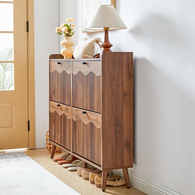 BERRYMERRY 47.2” Wide Shoe Storage Cabinet for Entryway with 4 Flip Drawers | narrow,entryway,adjustable feet,32 pairs shoe,shoe organize,hidden shoe rack,fluted panel,wave pattern,wood,space saving