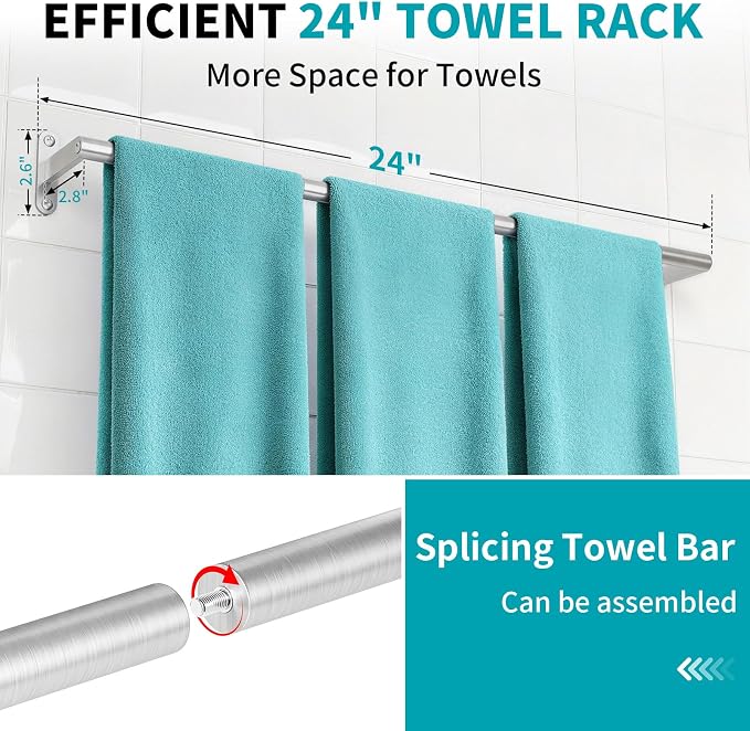 KLJKPA 2-Pack Towel Bar for Bathroom, 24 Inch Towel Rack, Brushed Nickel | Heavy Duty Single Towel Rod, Space-Saving Hand Towel Holder, Toilet Kitchen Towel Storage, Rustproof, Stainless Steel
