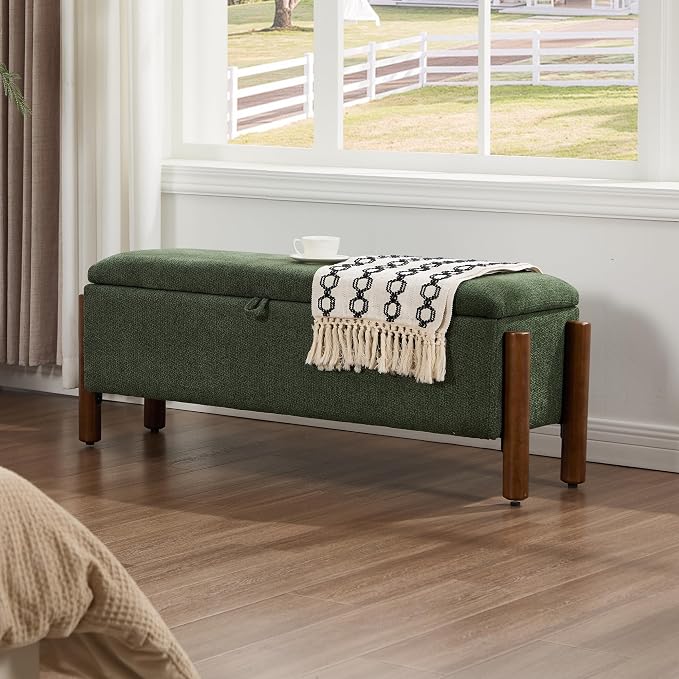 55'' Modern Storage Ottoman Benches | with Walnut Wood Legs 26 Gallons Storage Space Fabric Upholstered Seating End of Bed for Bedroom Livingroom Green