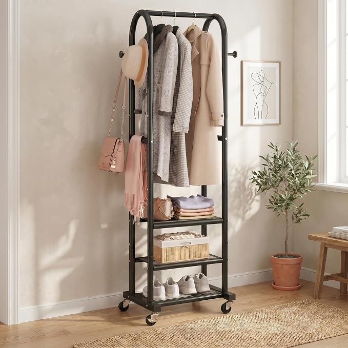 Dttwacoyh Clothing Rack with Wheels,Narrow Metal Garment Rack,Black | Easy to install, 71.8 Inches Display Rack with 4 Side Hooks & 3 Shelves,for Small Flats, Bedroom, Entryway,Black Clothes Rack