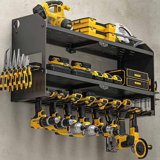 YYR Power Tool Organizer Wall Mount, Cordless Drill and Battery Holder, Electric Tools Hanger Storage Rack, Garage Organization Floating Shelf - Metal, Black