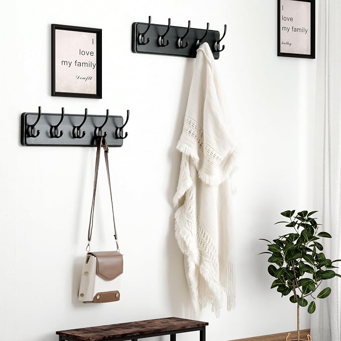 Coat Rack Wall Mount: Modern, Patented, Heavy-Duty, 17.4" Long 5-Double-Hooks Wooden Hanger Hook Rail for Winter Coats Hat Jacket Clothing, Black