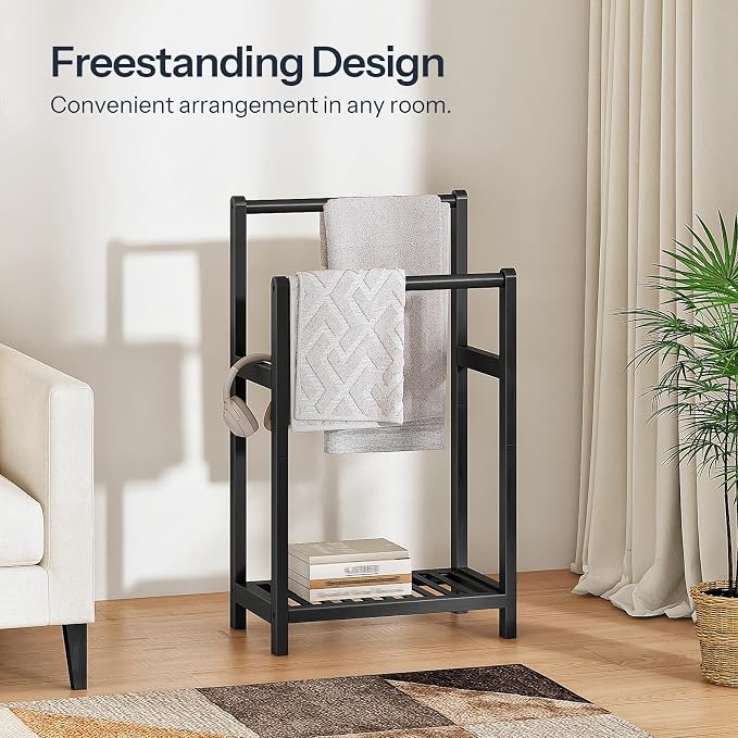 HOOBRO Freestanding Towel Rack for Bathroom, 2 Tier Decorative Bamboo Blanket Rack, Quilt Display Stand with Storage Shelf, 16.5" L x 9.4" W x 30.5" H, Bedroom, Living Room, Black BK02LB01
