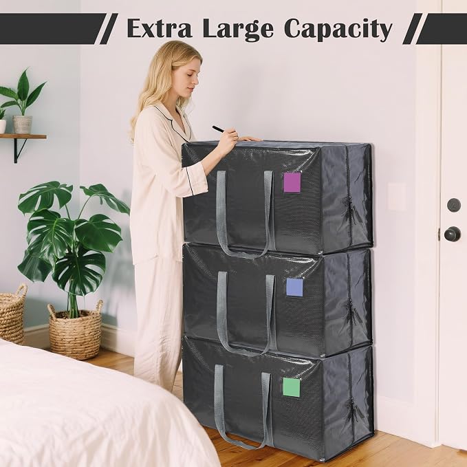 12 Pack Moving Bags with Full-Open Side Zipper, Extra Large 93L Heavy Duty Waterproof Foldable Storage Totes for College Dorm, Moving & Home Organization Gray