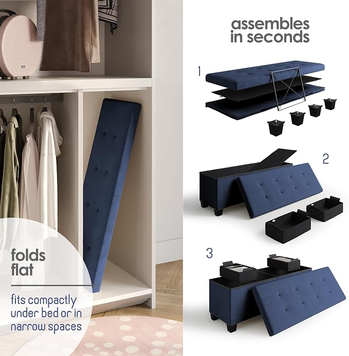 Storage Ottoman Bench with Bins, 43-in Storage Bench for Bedroom End of Bed, Folding Foot Rest Ottoman for Living Room Max 660lbs, Velvet Ottomans, Blue