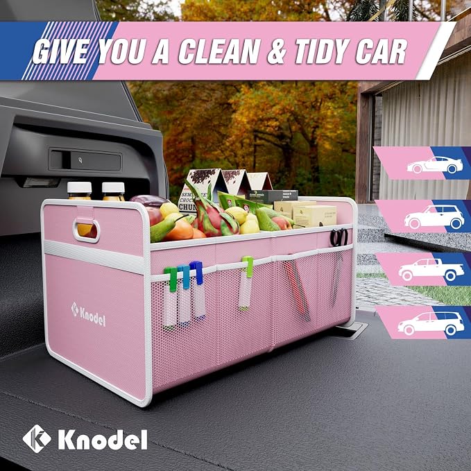 K KNODEL Foldable Trunk Storage Organizer for Car and Suv (Small, Pink) | Collapsible Car Storage Organizer, Car Organizers and Storage for Sedan, Cargo Organizer, Car Bin, Basket,Bag, Organization