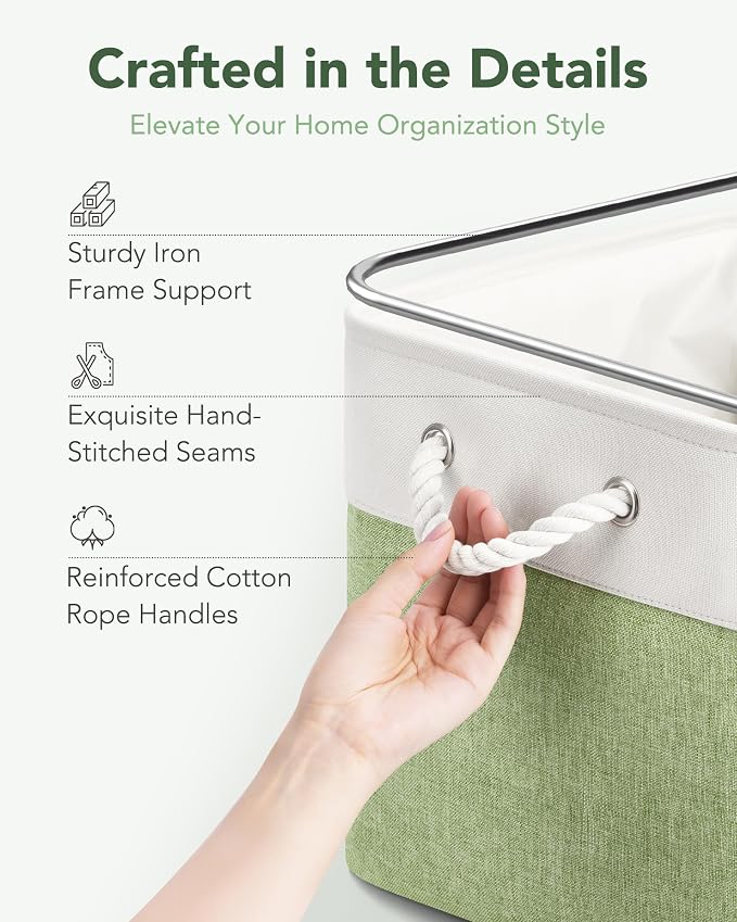 12x12 Inch Fabric Cube Storage Bins with Cotton Rope Handle 6-Pack | Top Support of Metal Frame, Bottom with Cardboard Support, Foldable Storage Bins for Closet, Bedroom, White Green